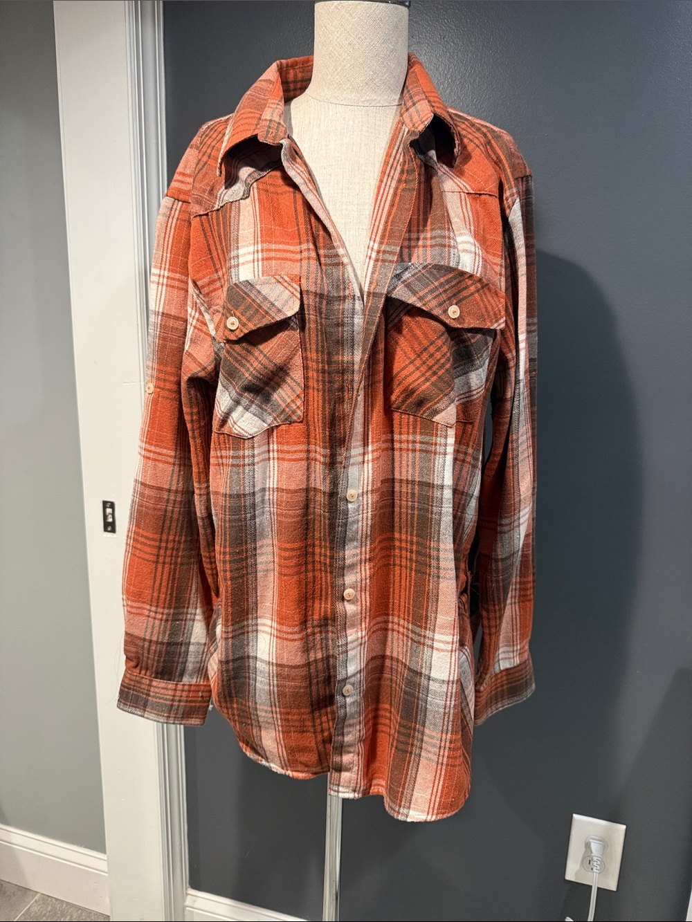 Rust Orange Plaid Button-Up Flannel Shirt